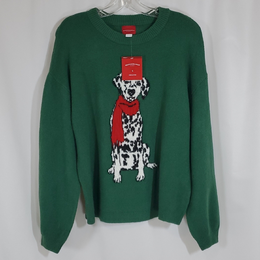 Wondershop Woman's Long Sleeve Dalmatian Sweater ~ Green - Picture 4 of 11